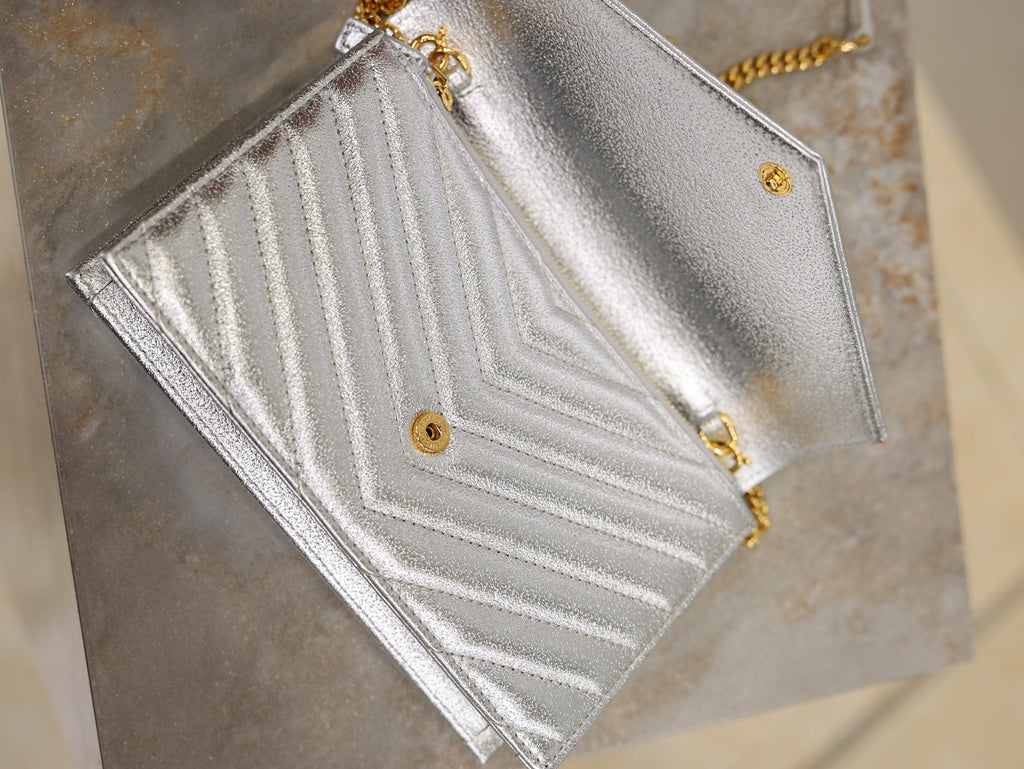 YSL Cassandre Matelassé Envelope Bag Sliver Metalic Leather