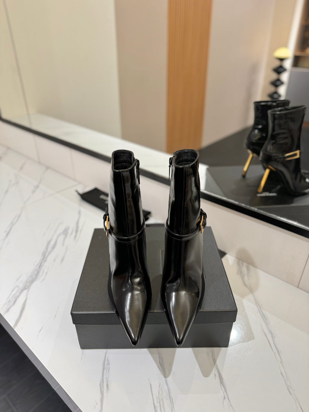 YSL 25 Metal Stiletto Martin Boots Black Gold Cowhide 520779