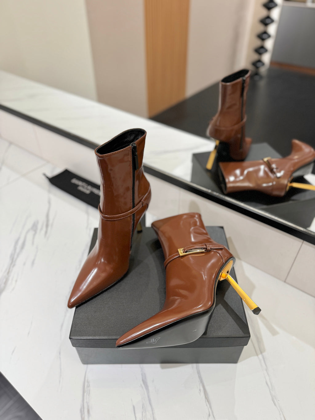 YSL 25 Metal Stiletto Martin Boots Brown Gold Cowhide 520780