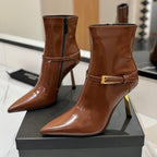 YSL 25 Metal Stiletto Martin Boots Brown Gold Cowhide 520780