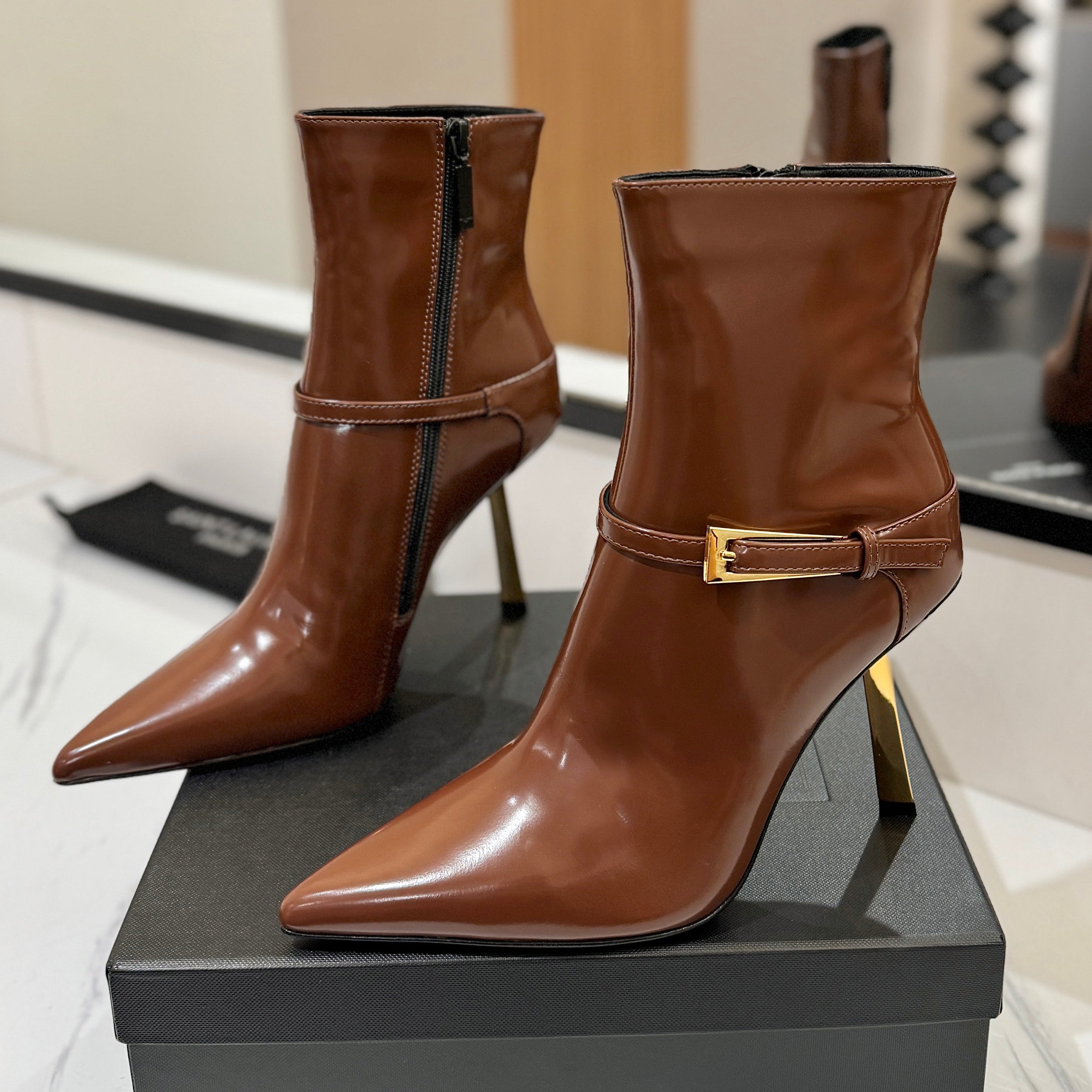 YSL 25 Metal Stiletto Martin Boots Brown Gold Cowhide 520780