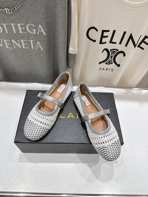 ALAIA MARY JANE FLATS white mix gray woven calfskin pattent