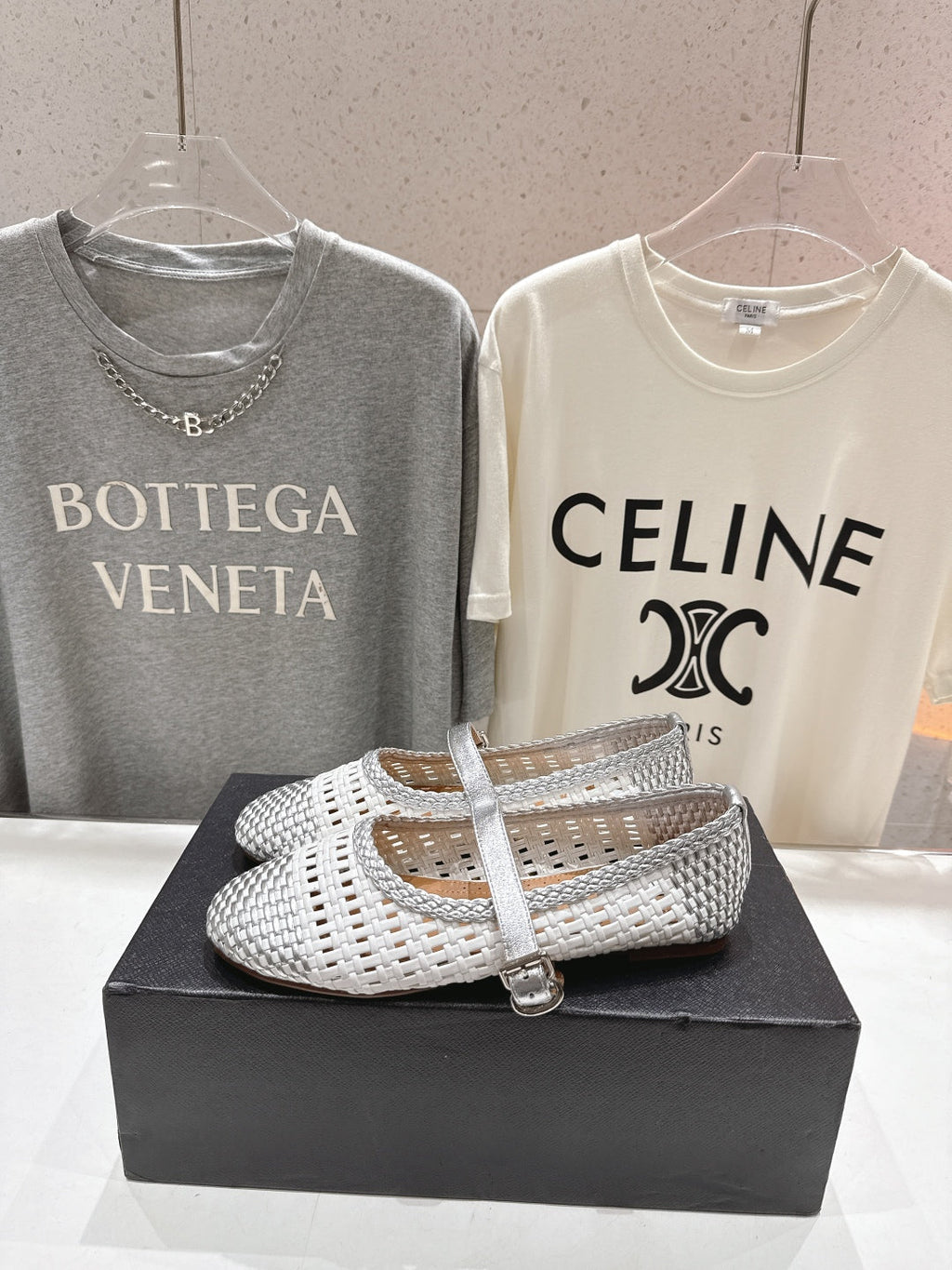 ALAIA MARY JANE FLATS white mix gray woven calfskin pattent