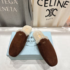 Prada 25s Furry Slippers Brown Suede And Wool 535491