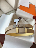 HM Kelly Belt 18mm Beige Canvas Epsom Leather Silver Buckle