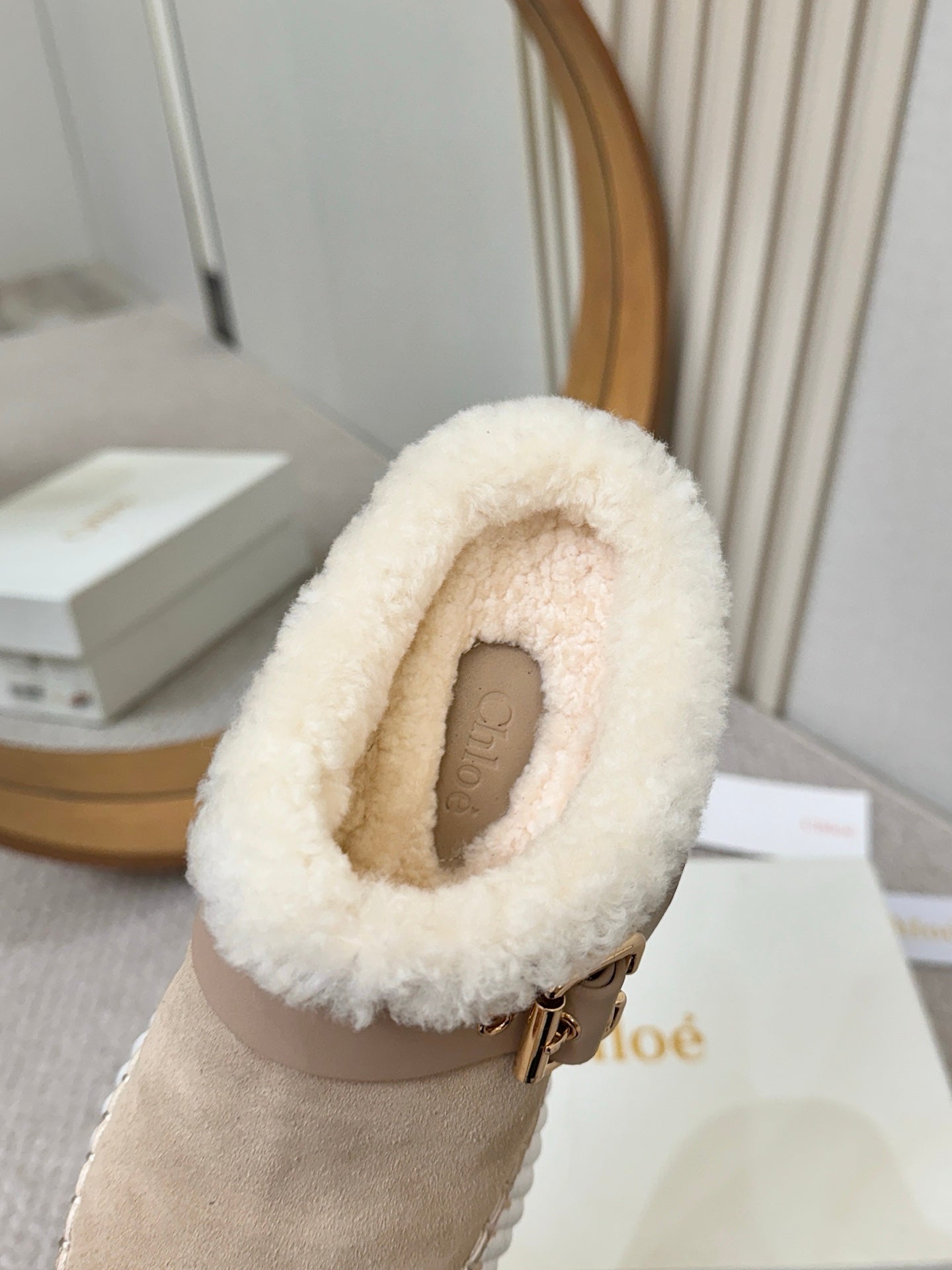 Chloe Nama Shearling-Lined Mule Beige Suede 528077