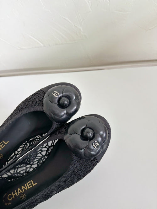 Ballet Flats Black Tweed Grosgrain Flower