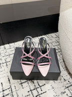 HIGH CRYSTAL STRAP SANDALS IN LIGHT PINK SILK