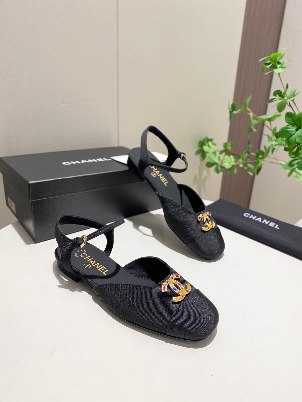 CC 25P Colorful Double Buckle Mary Jane Sandals Black Frabic 466988