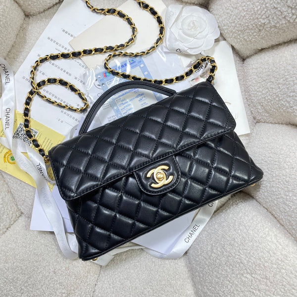 CC 25P Medium Flap Bag 25cm Top Handle Black Calfskin Gold Hardware