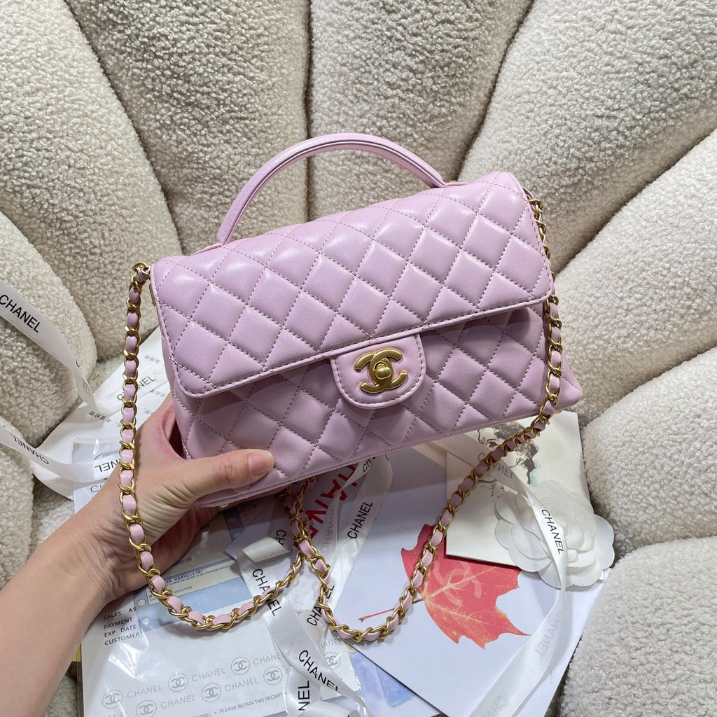 CC 25P Medium Flap Bag 25cm Top Handle Pink Calfskin Gold Hardware