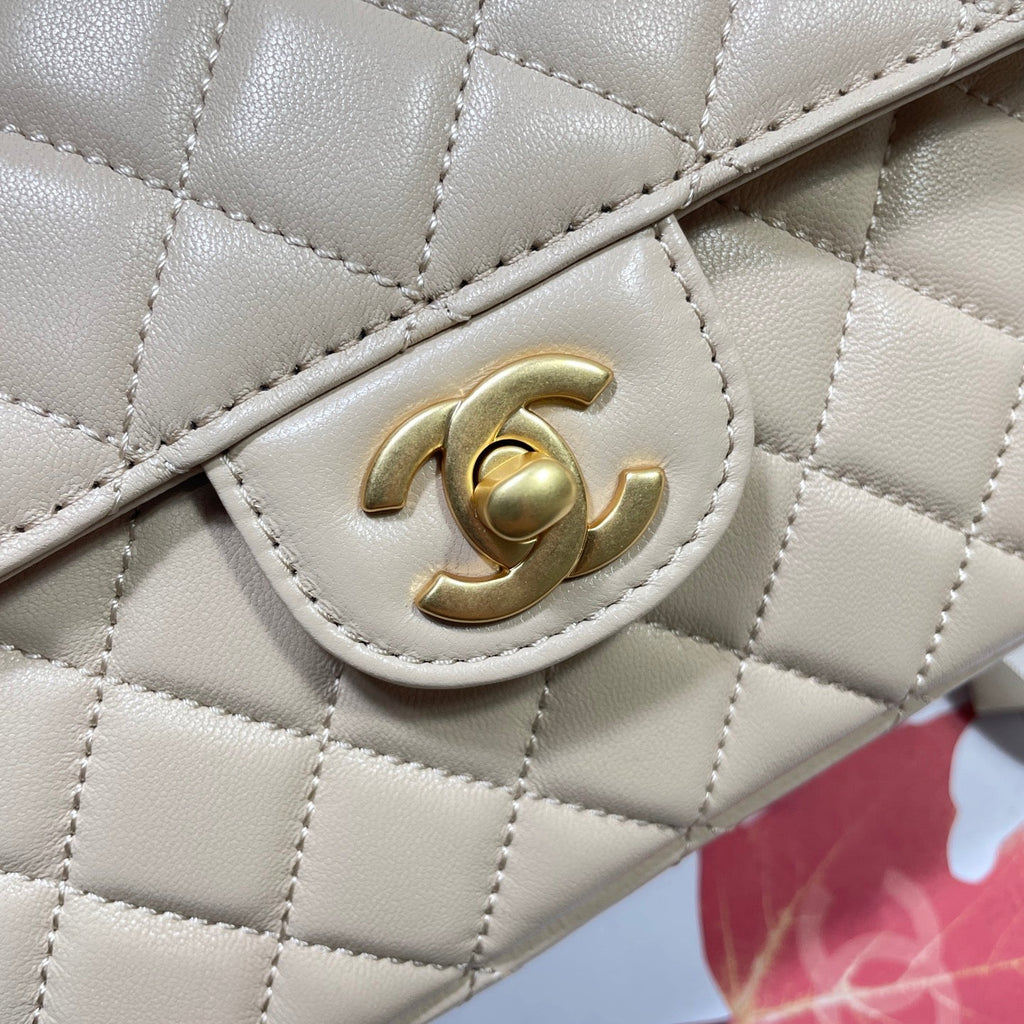 CC 25P Medium Flap Bag 25cm Top Handle Beige Calfskin Gold Hardware