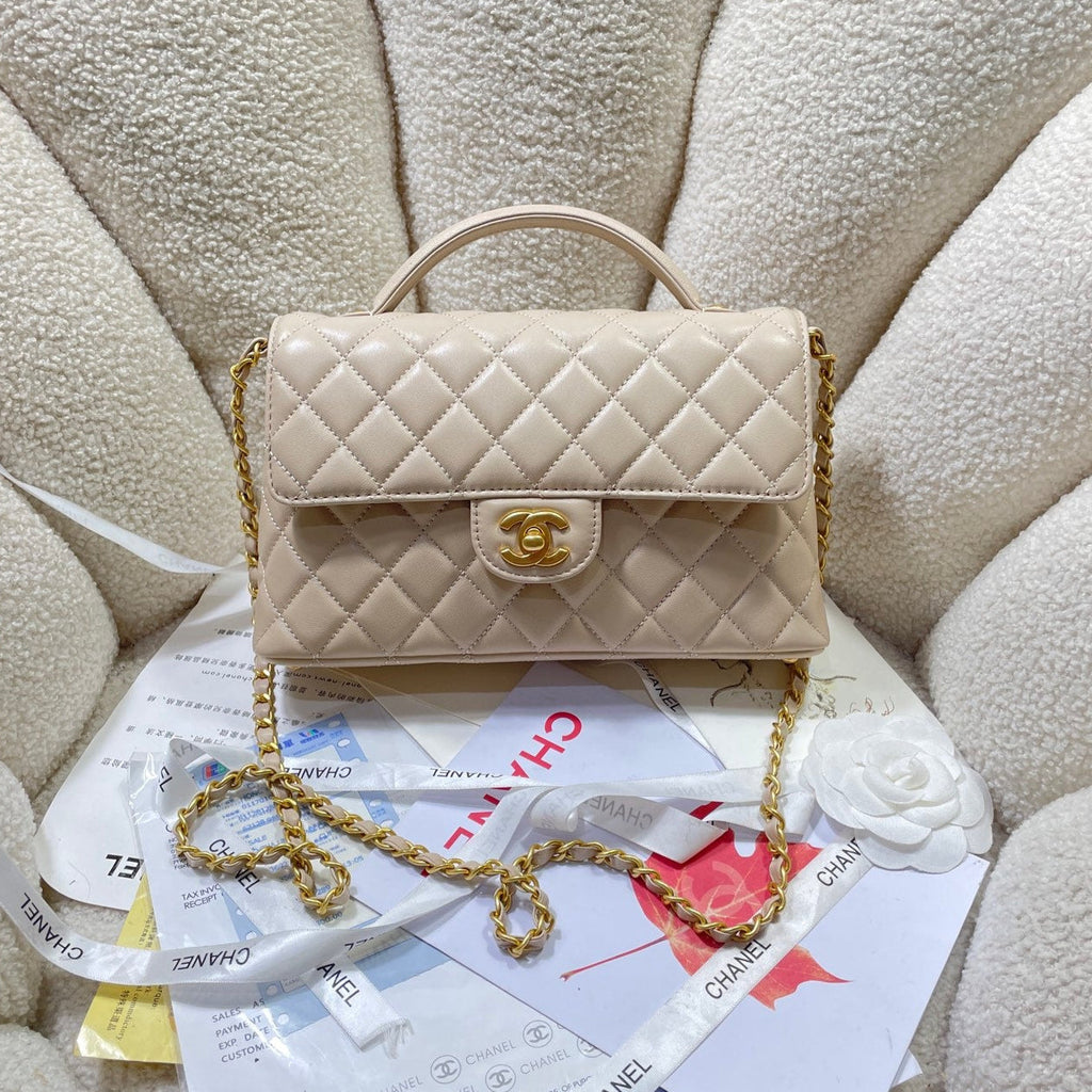 CC 25P Medium Flap Bag 25cm Top Handle Beige Calfskin Gold Hardware