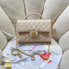 CC 25P Medium Flap Bag 25cm Top Handle Beige Calfskin Gold Hardware