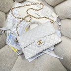CC 25P Medium Flap Bag 25cm Top Handle Cream Calfskin Gold Hardware