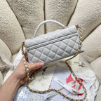CC 25P Mini Flap Bag 22cm Top Handle Grey Calfskin Gold Hardware