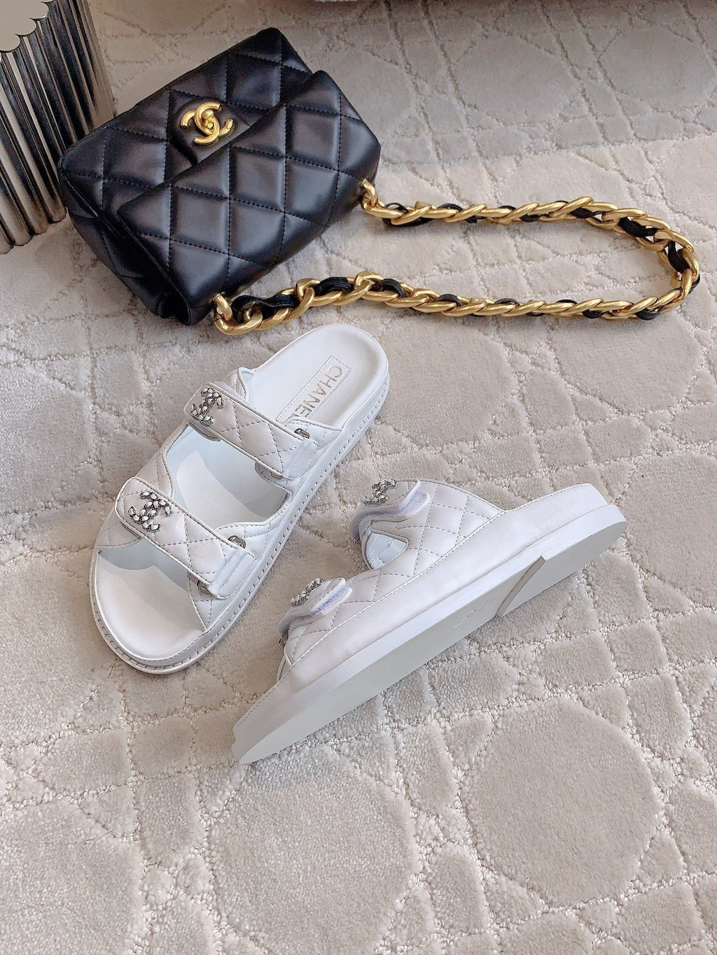 dad sandal mule white lambskin silver buckle