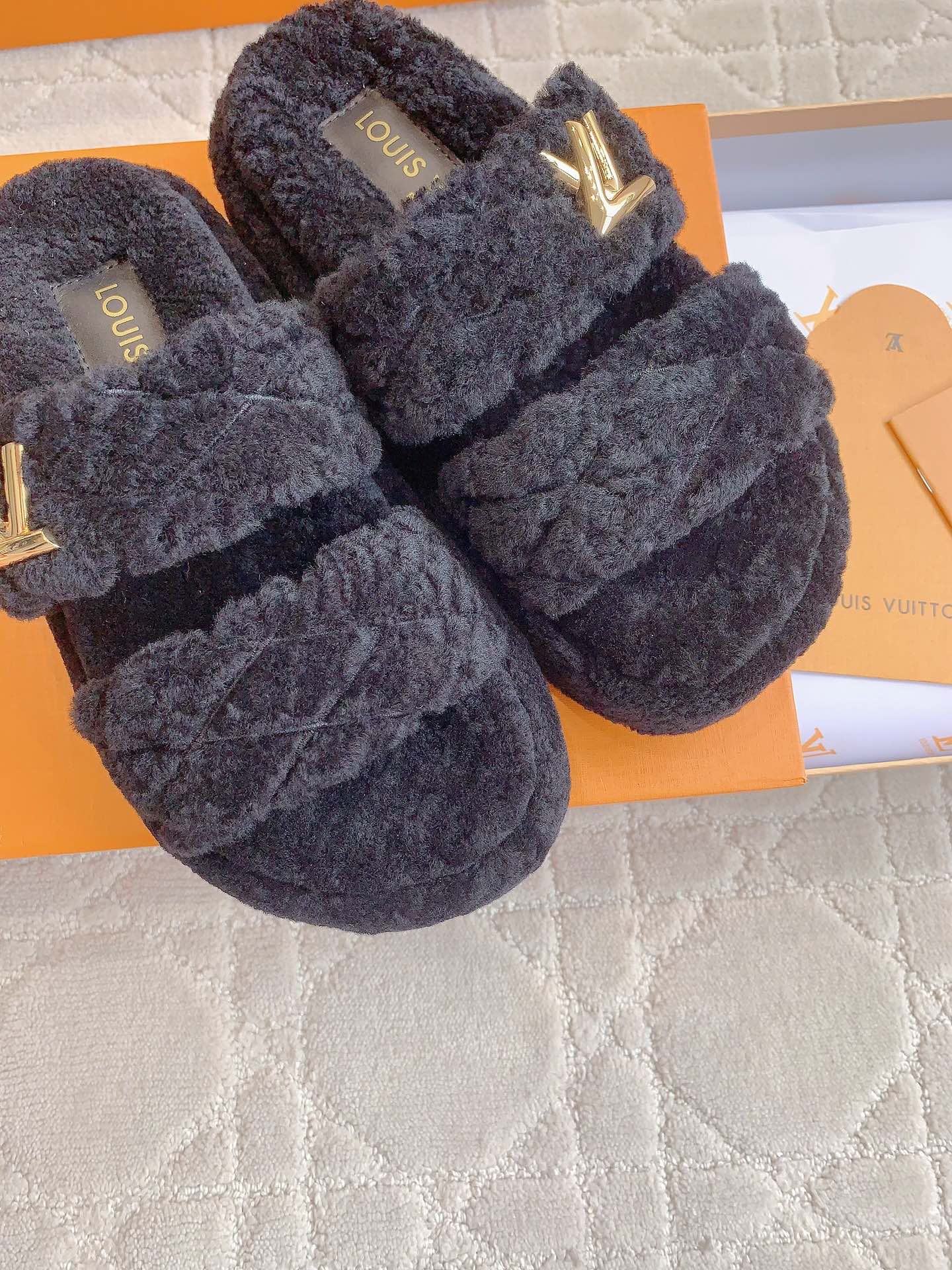 LV Sunset Platform Comfort Mule Black Gray Wool