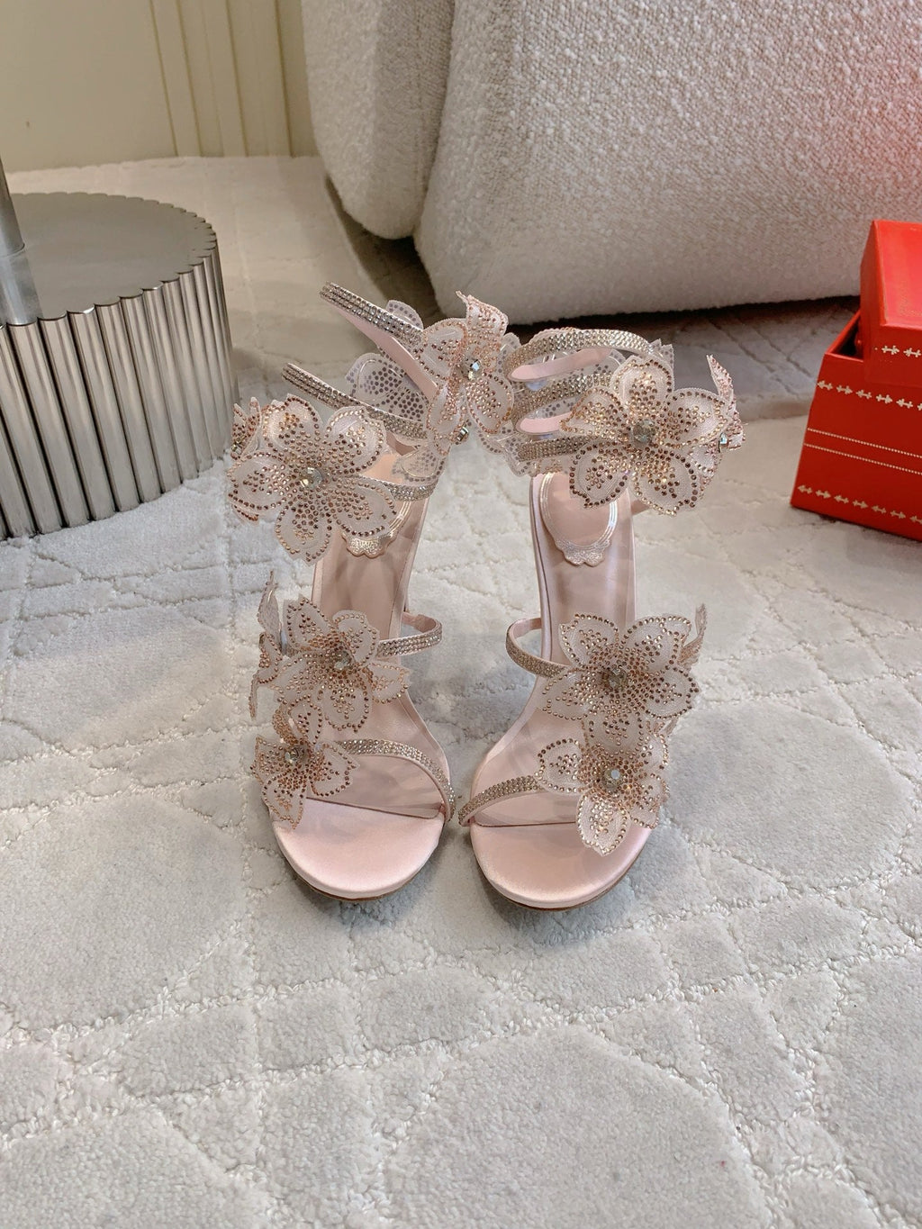 RC Flower Sandals Pink Nude Sheepskin Rhinestones 328466