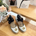 GG 26ss Platform Wedge Sandals 10cm White Straw Canvas 692208