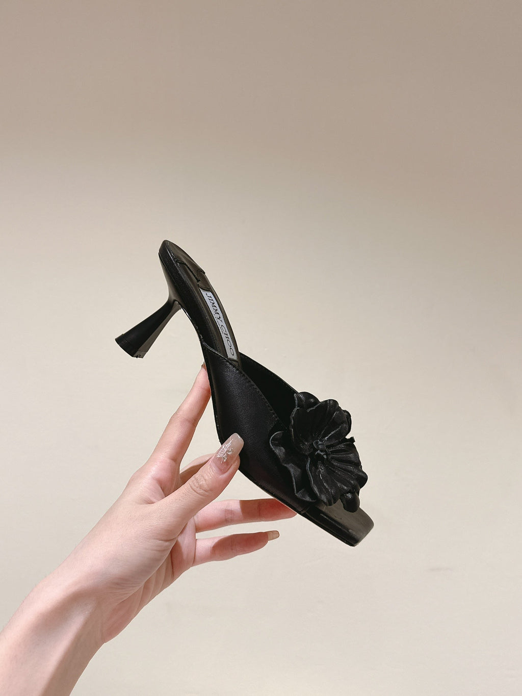 Jimmy Choo Amita Flowers Sandal 4.5cm Black Sheepskin 659644