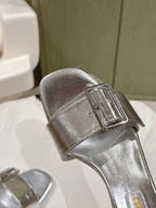 Miu x Balanc Studded Buckle Elegant Mules 45mm Sliver Patent Leather 445868