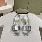 Miu x Balanc Studded Buckle Elegant Mules 45mm Sliver Patent Leather 445868