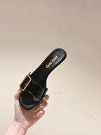 Miu x Balanc Studded Buckle Elegant Mules 45mm Black Patent Leather 445870