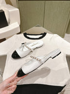 cc mule leather chain white calfskin black patent calfskin