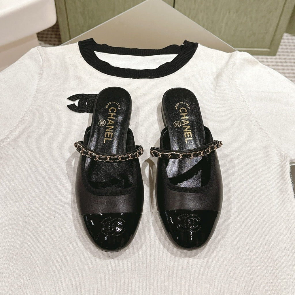cc mule leather chain black calfskin patent calfskin