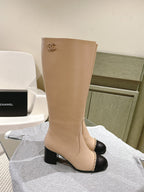 CC 24 FW Knee-High Boots with Chain 70mm Beige Black Cowhide 447185