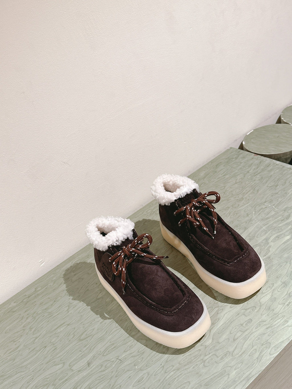 Miu Ankle Boots Brown Earth Fleece Lining Suede