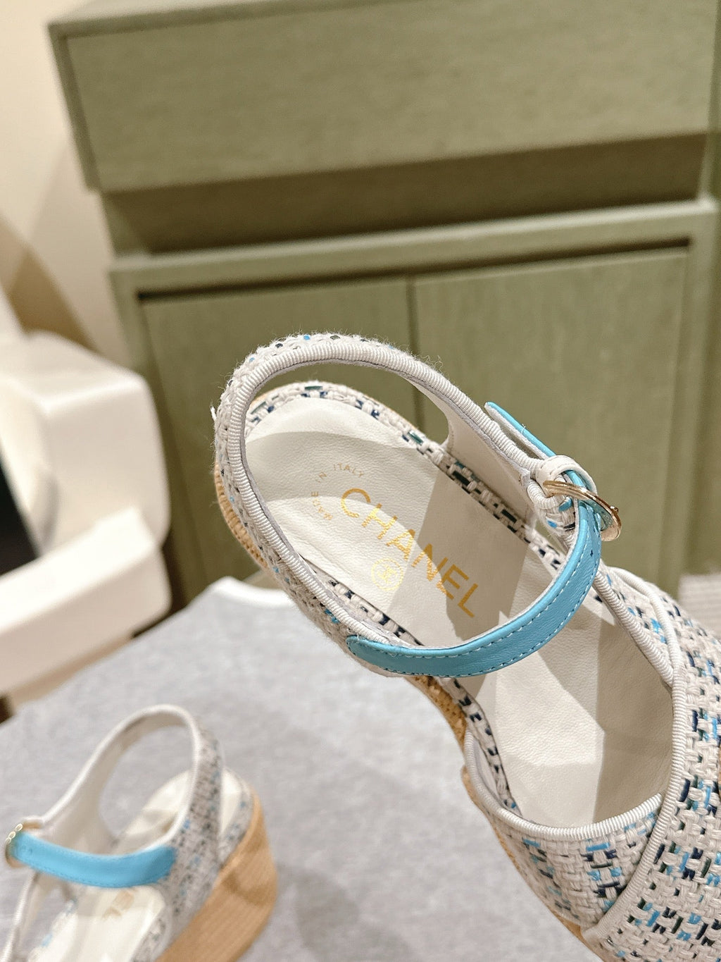 CC 25ss Espadrille Sandals 85mm Light Blue Colorful Tweed Cowhide 462244