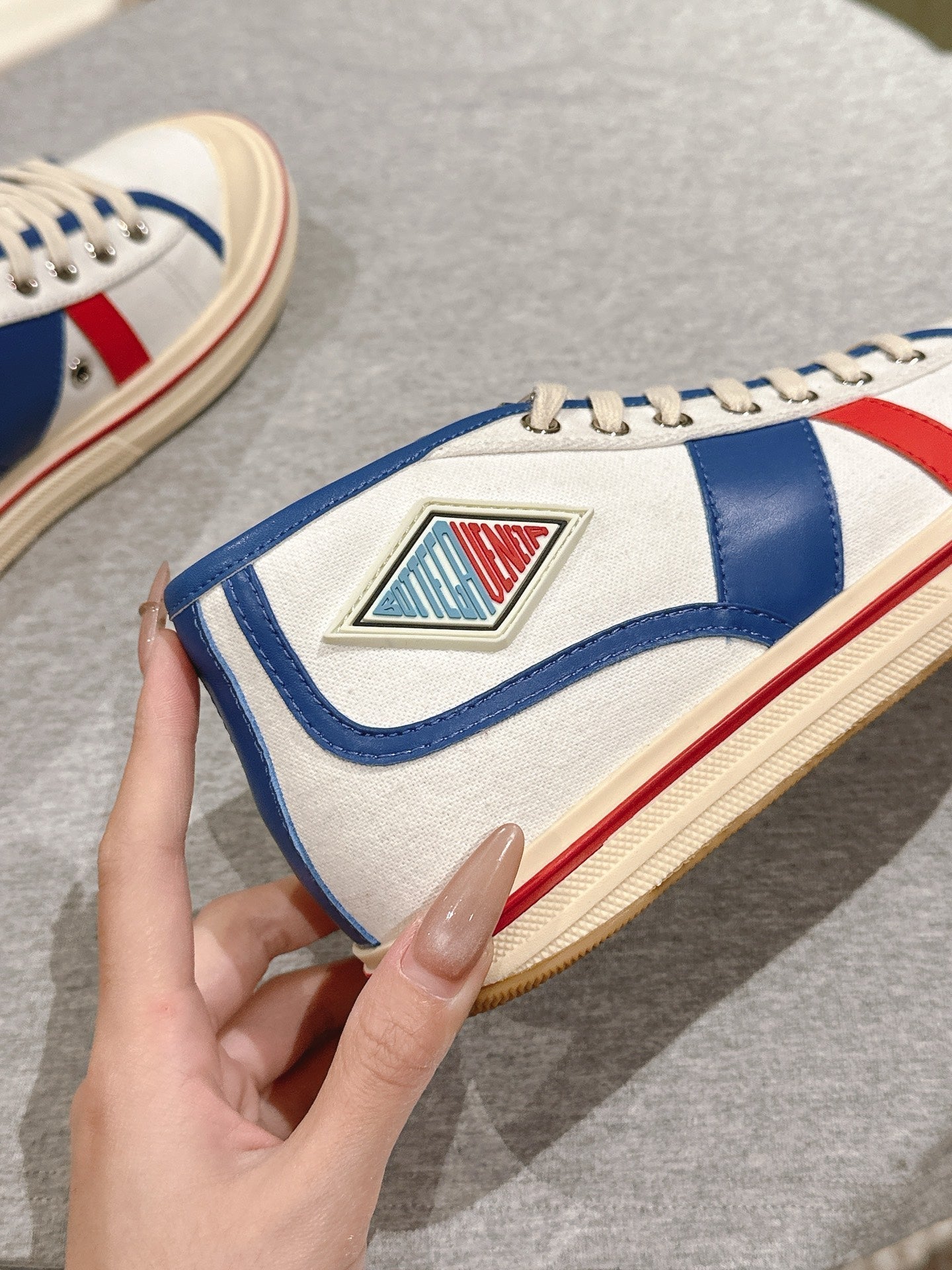 BV Eliot Sneaker White/Blue Cotton Calfskin 446196