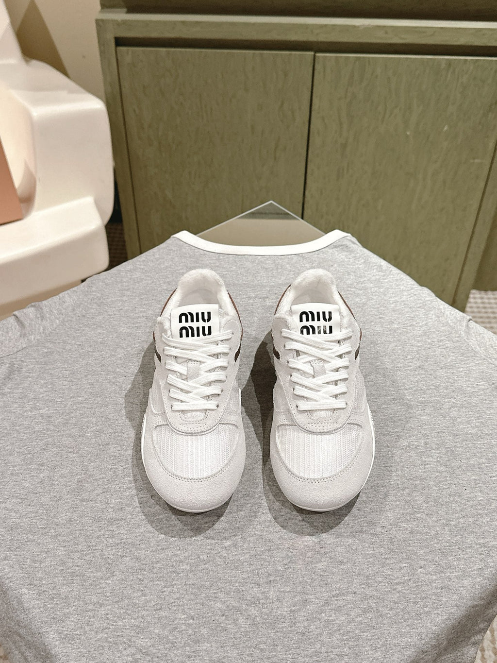 Miu Gymnasium Sneakers Brown White Technical Fabric & Suede 445725