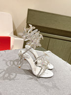 RC 25 Butterfly High-Heeled Sandals White Silk Rhinestones