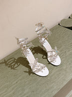 RC 25 Butterfly High-Heeled Sandals White Silk Rhinestones