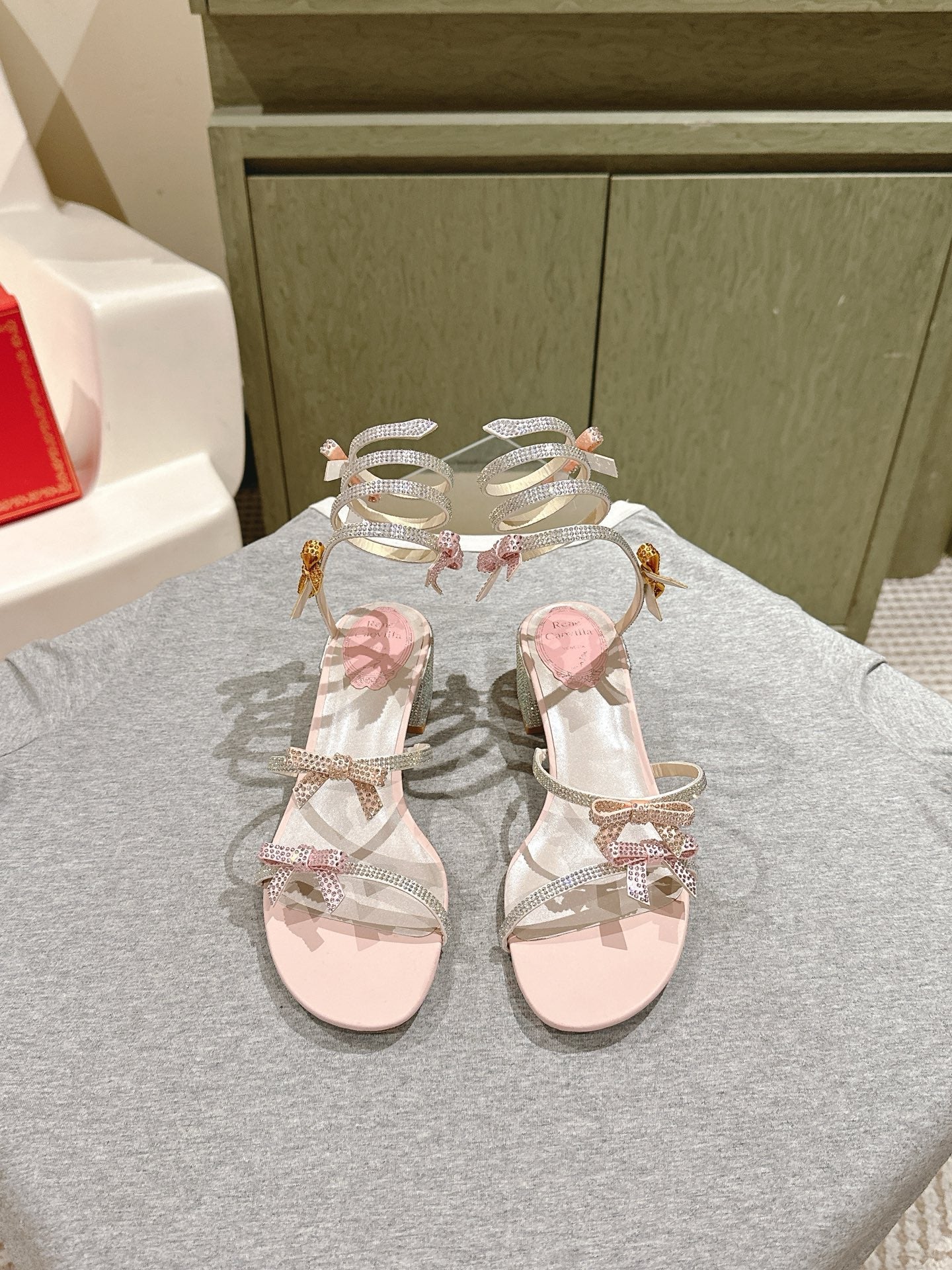 RC 25 Snake-Shaped Add Bow High Heeled Pink Silk Rhinestones 268070