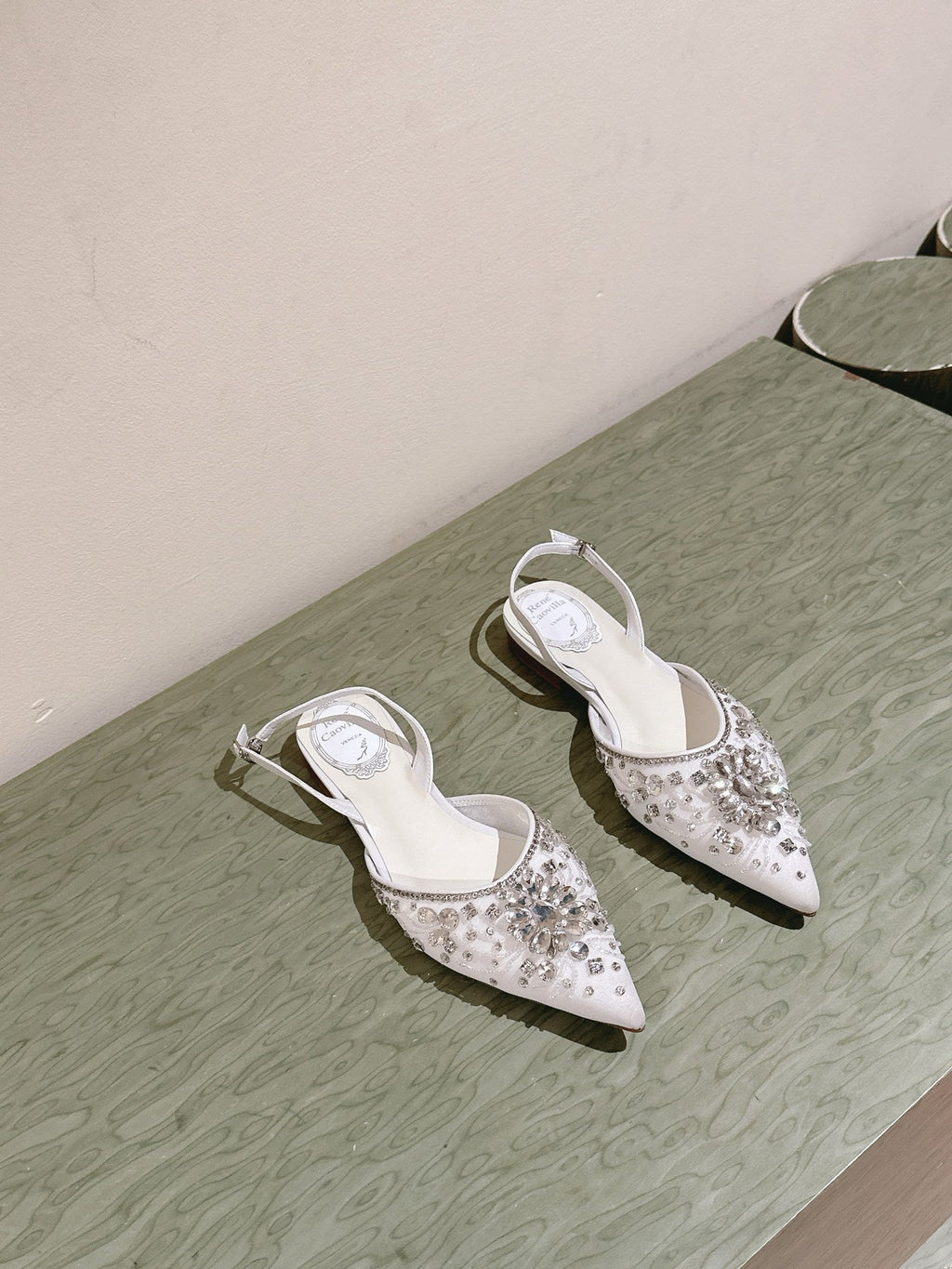 RC 25C Slingback Flat Shoe White Silk Rhinestones 268075