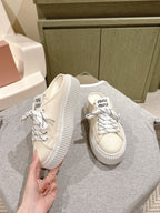 Miu Miu Biscuit Shoes Platform Mules Cream  Denim Canvas 532871