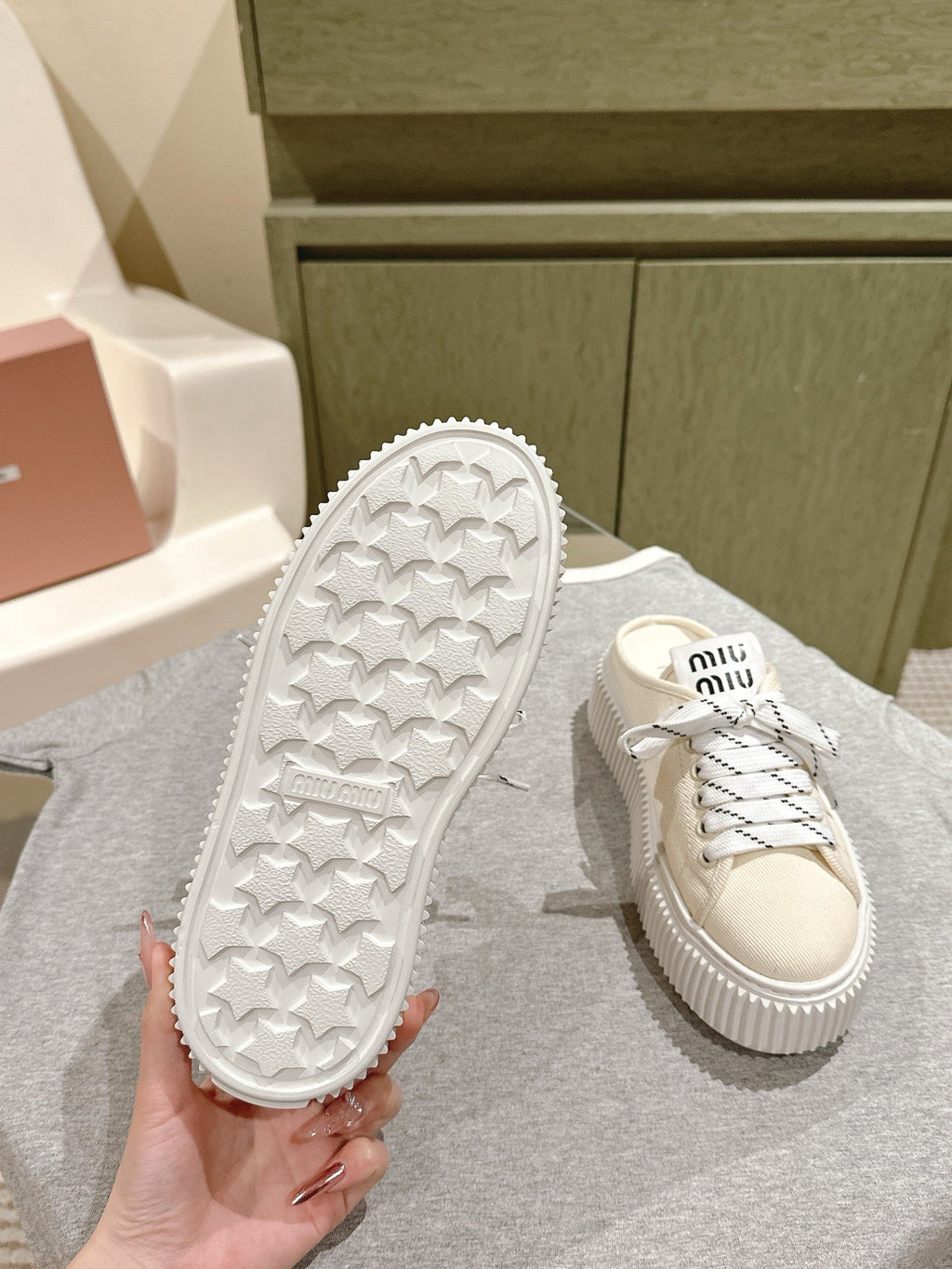 Miu Miu Biscuit Shoes Platform Mules Cream  Denim Canvas 532871