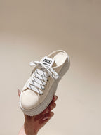Miu Miu Biscuit Shoes Platform Mules Cream  Denim Canvas 532871