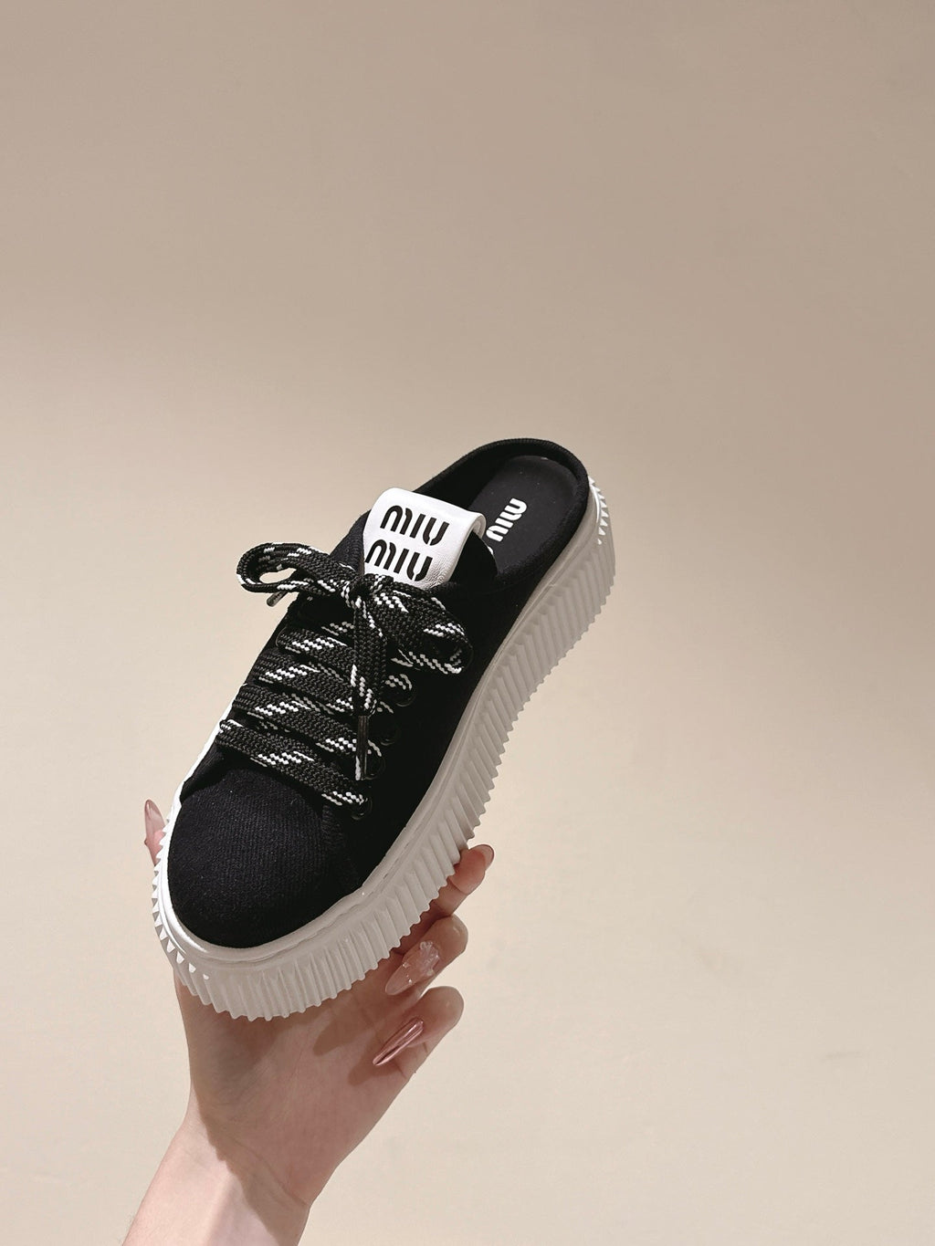 Miu Miu Biscuit Shoes Platform Mules Black Denim Canvas 532872