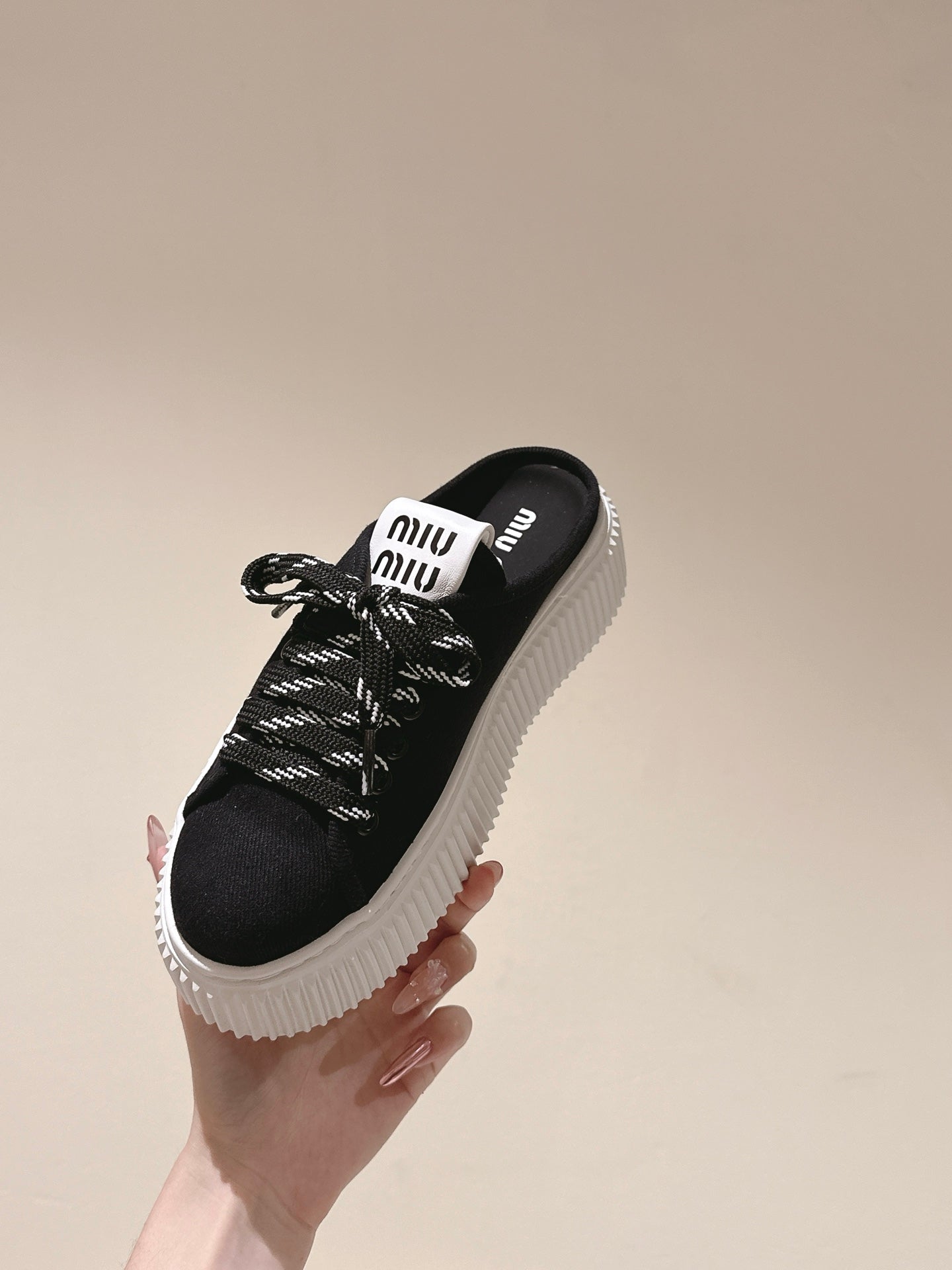 Miu Miu Biscuit Shoes Platform Mules Black Denim Canvas 532872