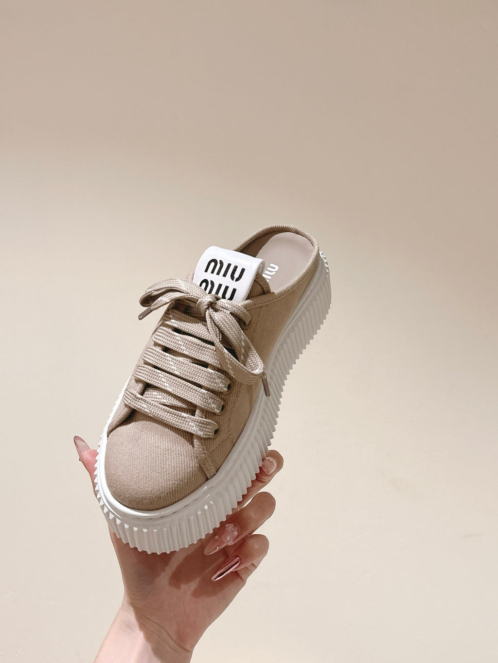 Miu Miu Biscuit Shoes Platform Mules Beige Denim Canvas 532873