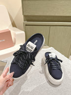Miu Miu Biscuit Shoes Platform Mules Navy  Denim Canvas 532874