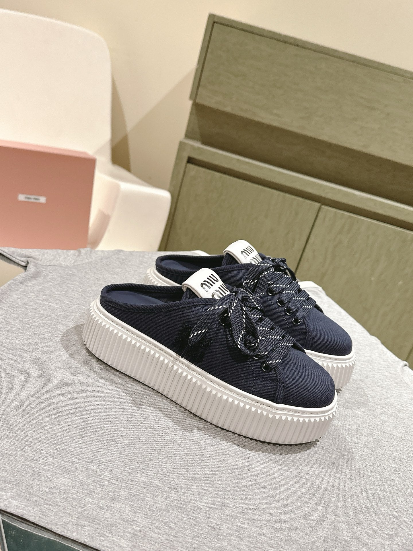 Miu Miu Biscuit Shoes Platform Mules Navy  Denim Canvas 532874