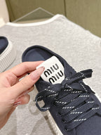 Miu Miu Biscuit Shoes Platform Mules Navy  Denim Canvas 532874