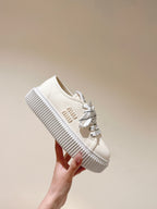 Miu Miu Biscuit Shoes Chunky Sneakers Cream Denim Canvas 532875