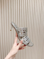Alaia 2025 Vienne Cutout Kitten-Heel Slide Sandals Silver Leather 293647